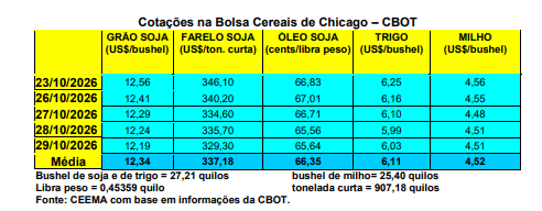 Análise semanal do mercado da soja:  cotações, em Chicago, continuaram derretendo nesta última semana de outubro